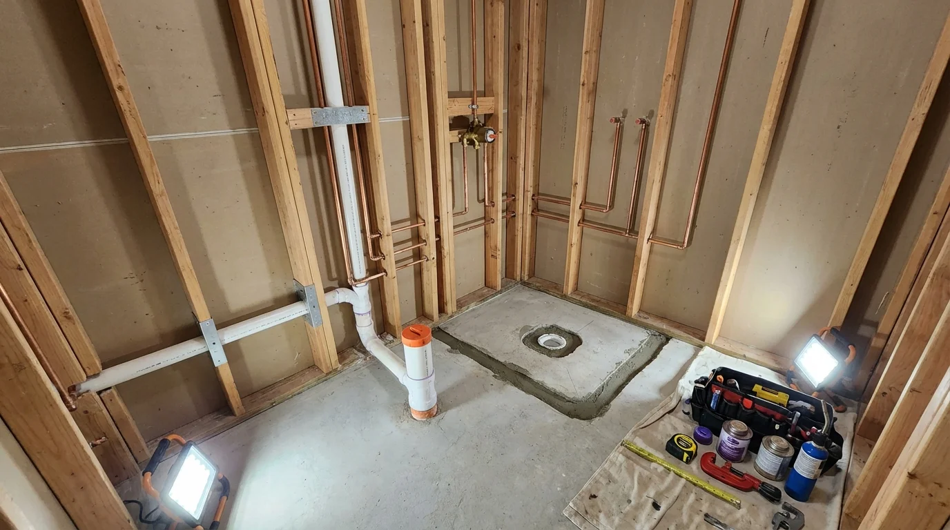 Bathroom rough-in plumbing during remodel by Johns Plumbing LLC in Potosi