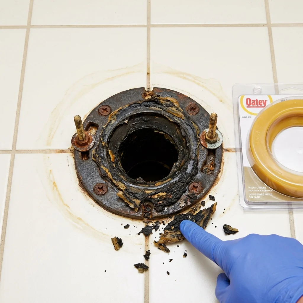 Failed wax ring showing water seepage at the base of a toilet in a Potosi, MO home