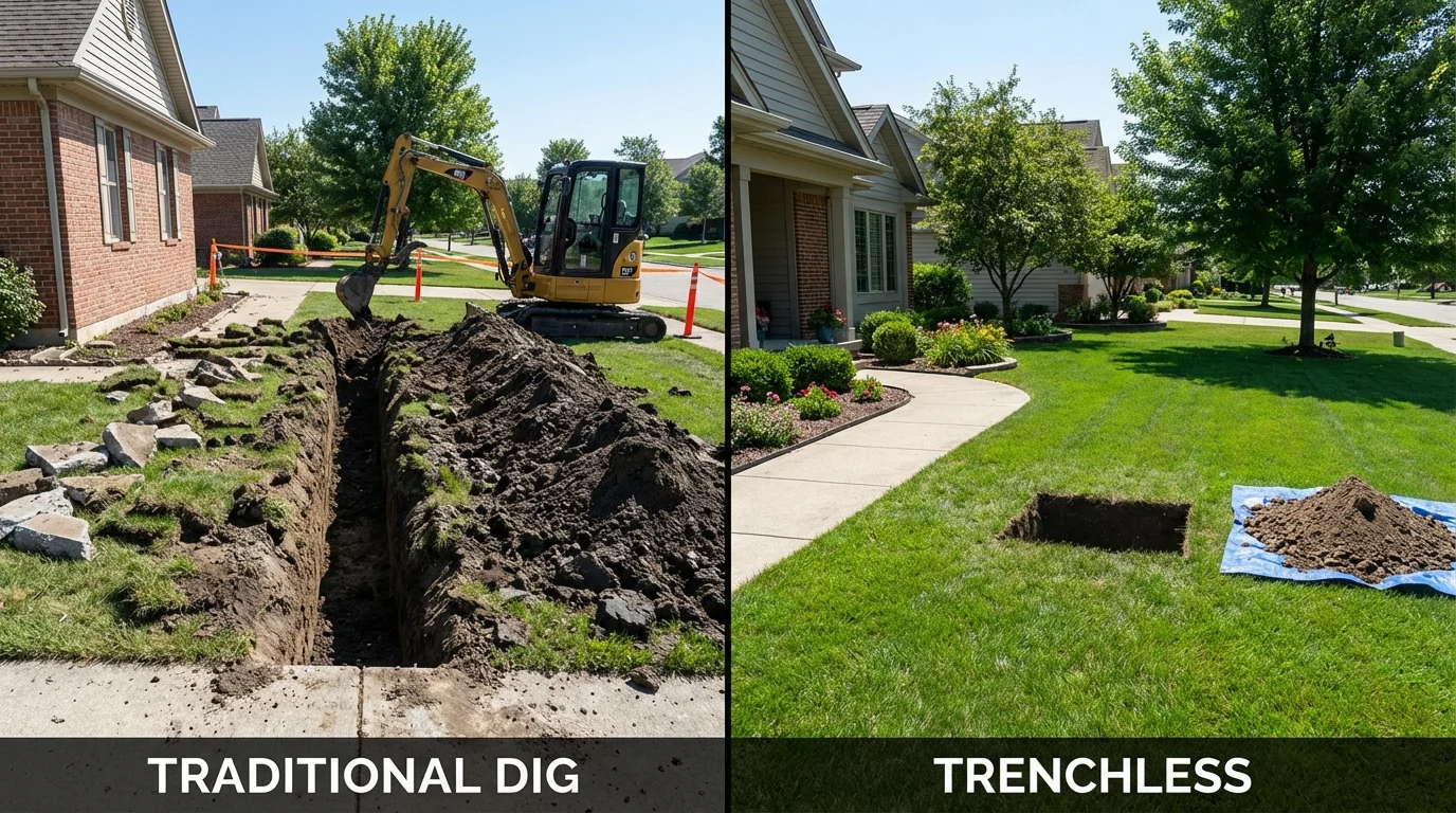 Trenchless sewer repair with minimal yard damage versus traditional excavation in Potosi, MO