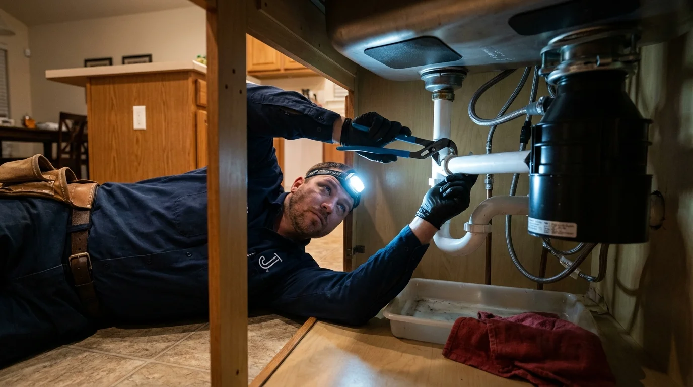 P-trap and supply line connections under a kitchen sink showing a common leak point in Potosi, MO